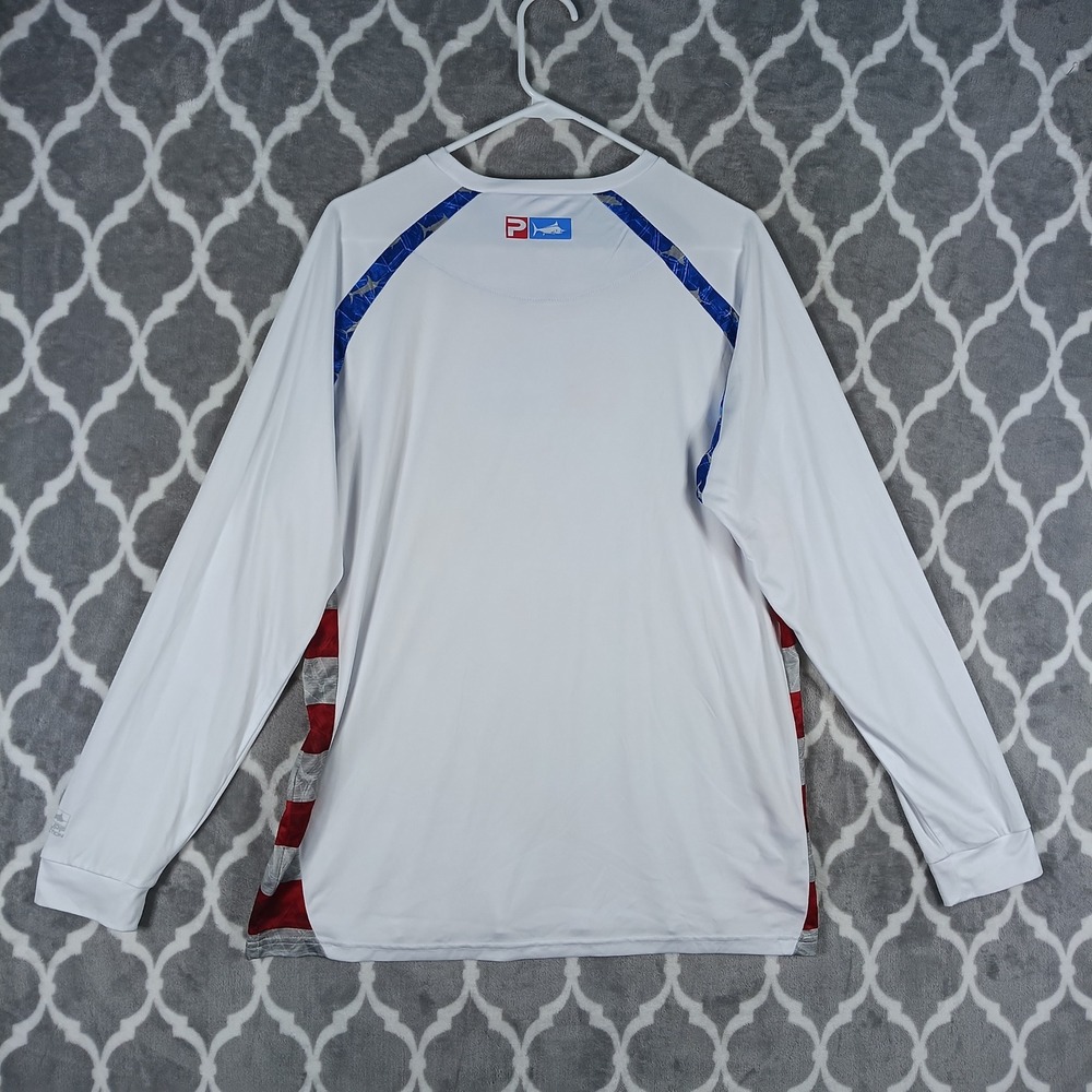 Pelagic VaporTek Fishing Shirt Men L White American Flag UPF 50 Long Sleeve - Picture 3 of 10